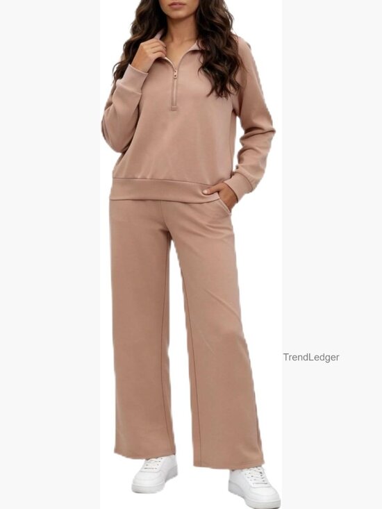 Pants - Women's Knit Sweater Set - Half Zip Pullover & Wide Leg Pants